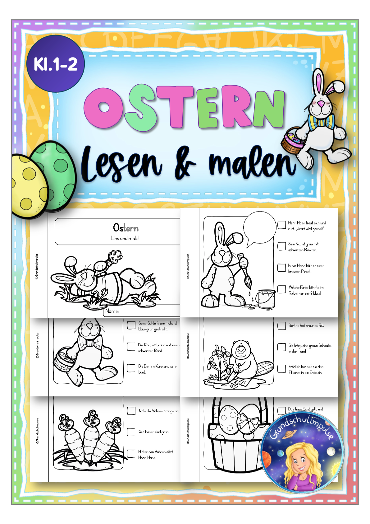 Ostern/Frühling: Miniheft - Lesen + malen (Klasse 1+2)