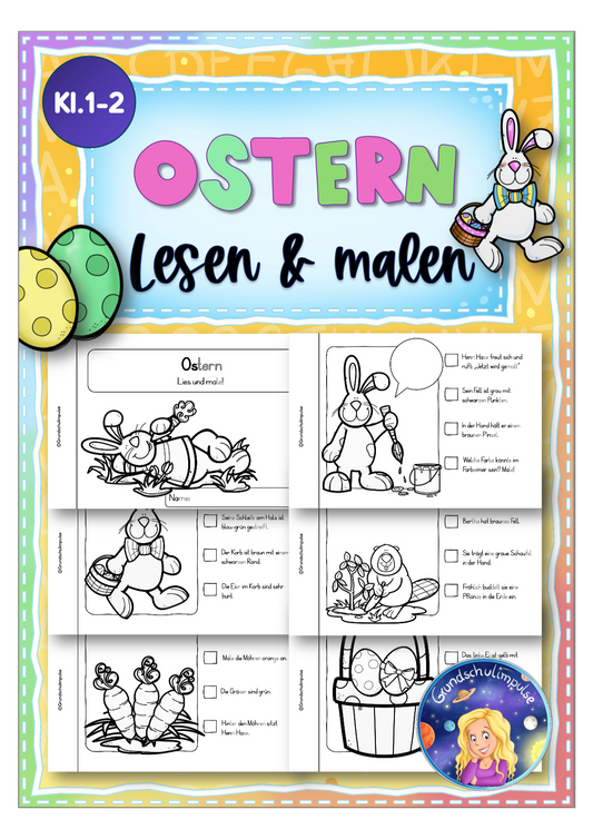 Ostern/Frühling: Miniheft - Lesen + malen (Klasse 1+2)