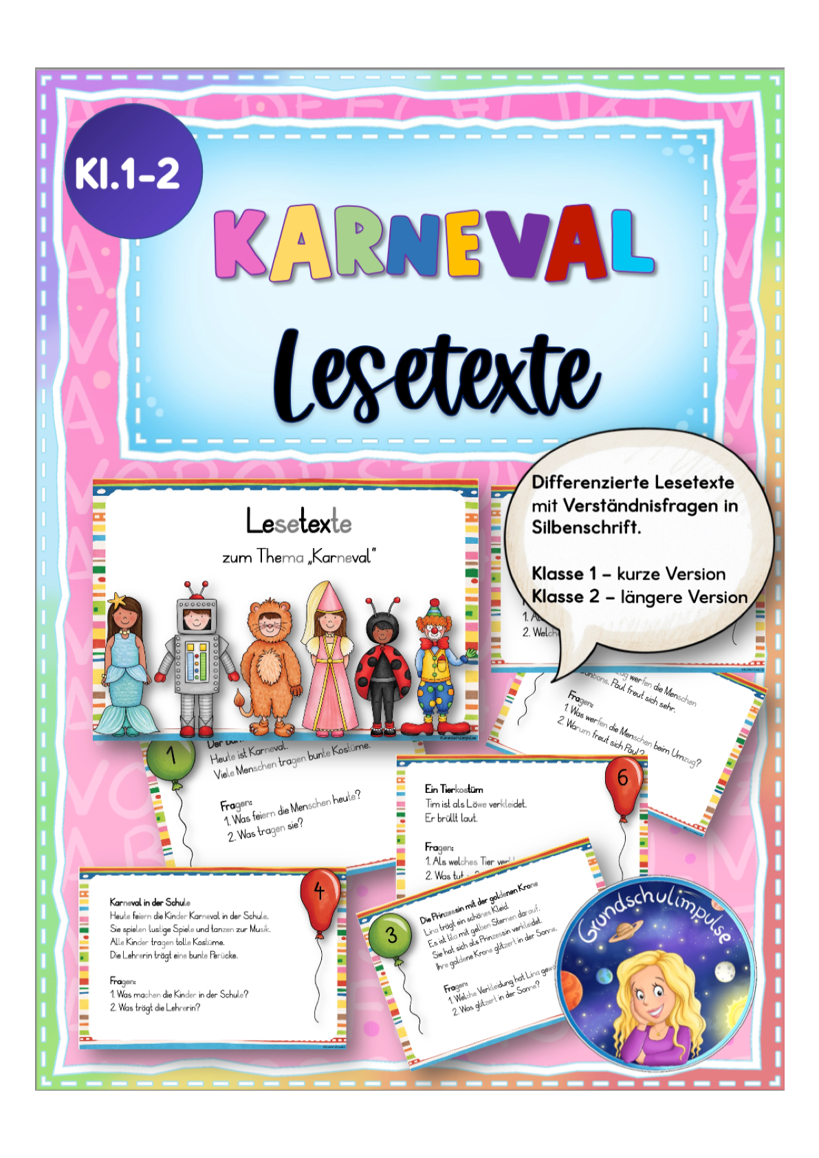 Karneval: Lesetexte mit Verständnisfragen (Klasse 1+2)