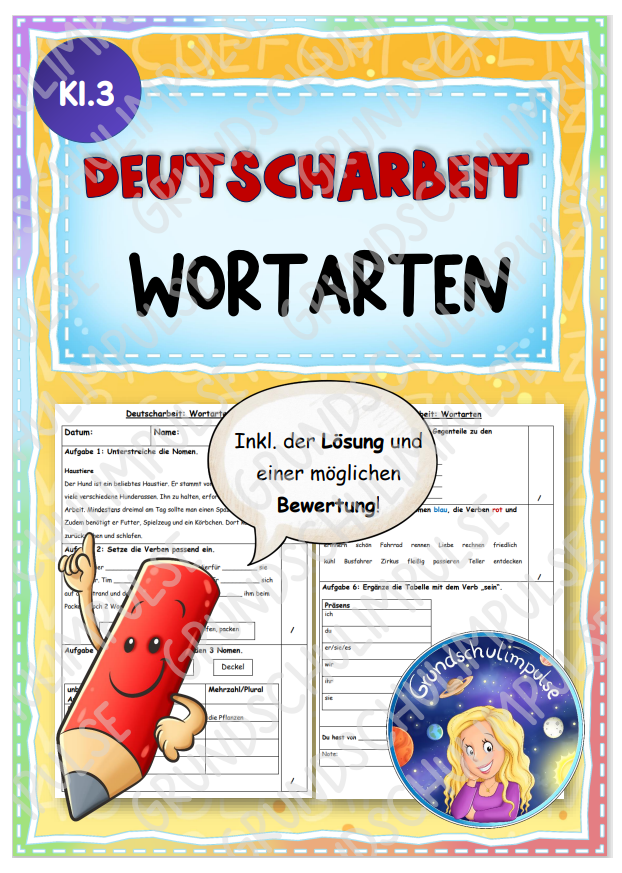 Klassenarbeit "Wortarten" inkl. Lösung und Bewertung (Klasse 3