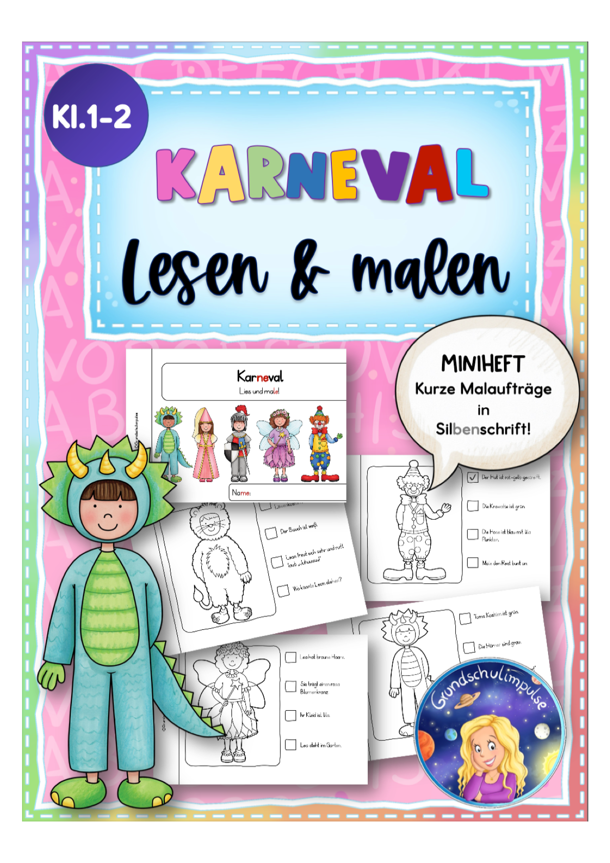 Karneval: Miniheft - Lesen + malen (Klasse 1+2)