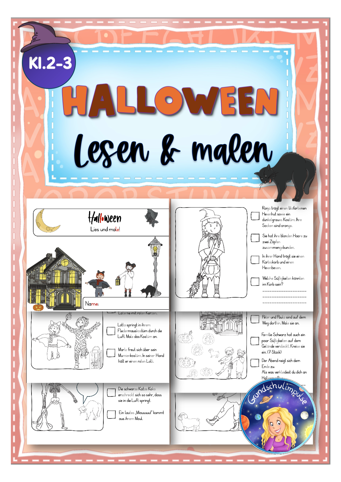 Halloween: Miniheft - Lesen + malen (Klasse 2-3)
