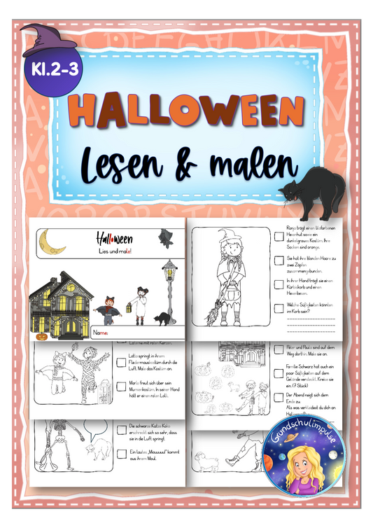 Halloween: Miniheft - Lesen + malen (Klasse 2-3)